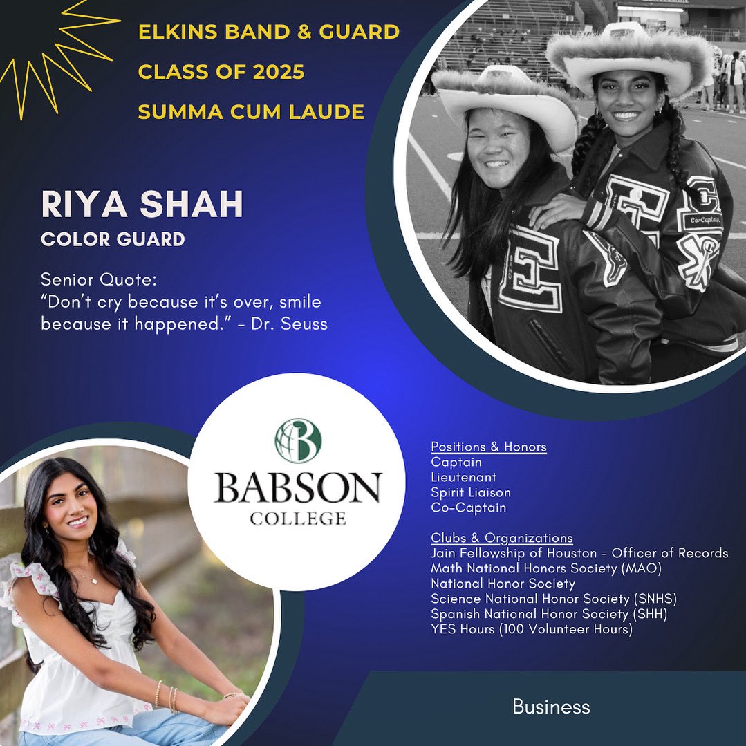 Congratulations to EHS Guard Senior &amp; Captain, Riya Shah! 💙💛