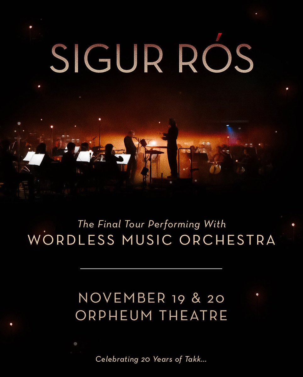 LAOrpheum's tweet photo. JUST ANNOUNCED: Sigur Rós will be at The Orpheum Theatre on Nov 19th + 20th celebrating 20 years of Takk, performing their final tour with Wordless Music Orchestra. Tickets on sale June 6 at 10am! More info at https://t.co/IUGdgLhH1W https://t.co/NsgsWRUkWQ
