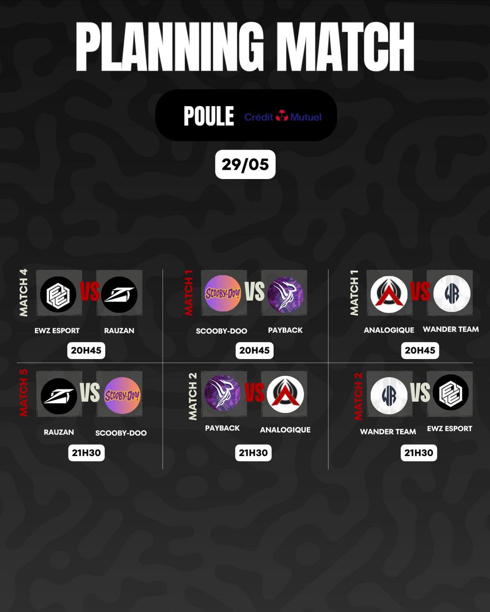Scoundrels Esport (@scoundrels_es) on Twitter photo Programme du jour 📆
Dernière soirée des phases de qualification !
Retrouvez nos 6 équipes du soir :
<a href="/RauzanEsport/">RauzanEsport</a>
<a href="/PayBaacKEsport/">PayBacK Esport</a>
<a href="/EWZeSPORT/">EWZ ESPORT</a>
<a href="/Gaming_Wander/">Wander</a>
<a href="/TeamAnalogique/">Analogique</a>
#scoobydoo
Nous aurons les 4 équipes finalistes à la fin de la soirée ✅! Programme du jour 📆
Dernière soirée des phases de qualification !
Retrouvez nos 6 équipes du soir :
<a href="/RauzanEsport/">RauzanEsport</a>
<a href="/PayBaacKEsport/">PayBacK Esport</a>
<a href="/EWZeSPORT/">EWZ ESPORT</a>
<a href="/Gaming_Wander/">Wander</a>
<a href="/TeamAnalogique/">Analogique</a>
#scoobydoo
Nous aurons les 4 équipes finalistes à la fin de la soirée ✅!