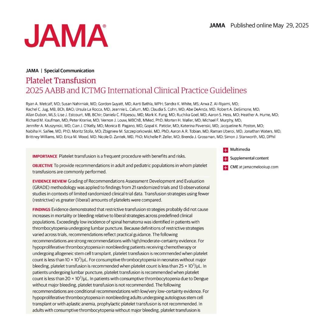 Restrictive platelet transfusion strategies are recommended for various clinical populations to minimize adverse reactions, mitigate platelet shortages, reduce costs, and ensure patient-centric care. 

#ISBTMilan <a href="/ISBTCO/">ISBT Central Office</a>

ja.ma/3FunxqF