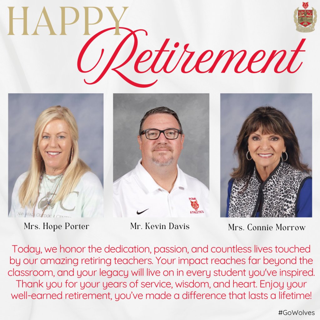 We wish Connie Morrow, Hope Porter, and Kevin Davis a happy retirement from RHS! You will be missed, and we thank you for your years of serving and supporting students, staff, and stakeholders at RHS! #GoWolves