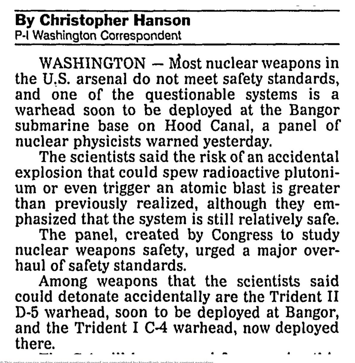 "The scientists said the risk of an accidental explosion that could spew radioactive plutonium or even trigger an atomic blast is greater than previously realized, although they emphasized that the system is still relatvely safe." - Seattle PI 12/19/90