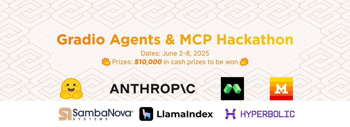 Abubakar Abid 🍉 (@abidlabs) on Twitter photo We are very excited for the biggest virtual Agents & MCP hackathon ever.
And we are very lucky to have <a href="/AnthropicAI/">Anthropic</a>, <a href="/modal_labs/">Modal</a>, <a href="/MistralAI/">Mistral AI</a>, <a href="/SambaNovaAI/">SambaNova Systems</a>, <a href="/llama_index/">LlamaIndex 🦙</a>, and <a href="/hyperbolic_labs/">Hyperbolic</a> providing credits and prizes for participants!
Gotta update this poster.. We are very excited for the biggest virtual Agents & MCP hackathon ever.
And we are very lucky to have <a href="/AnthropicAI/">Anthropic</a>, <a href="/modal_labs/">Modal</a>, <a href="/MistralAI/">Mistral AI</a>, <a href="/SambaNovaAI/">SambaNova Systems</a>, <a href="/llama_index/">LlamaIndex 🦙</a>, and <a href="/hyperbolic_labs/">Hyperbolic</a> providing credits and prizes for participants!
Gotta update this poster..