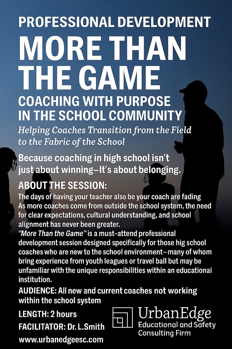 High school coaches—especially those from youth/travel ball—this is for YOU. 🏈🏀

“More Than the Game” is PD that helps coaches align with school culture, build trust, and lead with purpose.

Hosted by Dr. L.E. Smith

#MoreThanTheGame #UrbanEdgeESC #CoachWithPurpose