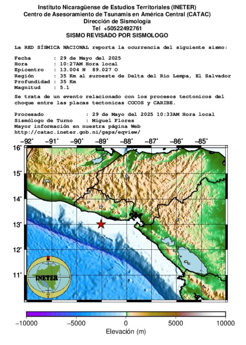 Se registró sismo  de  magnitud 5.1, a 35 km de profundidad, cerca de las 10:27 de la mañana, éste jueves 29 mayo, a 35 kilómetros al Suroeste de Delta del Río Lempa, El Salvador.