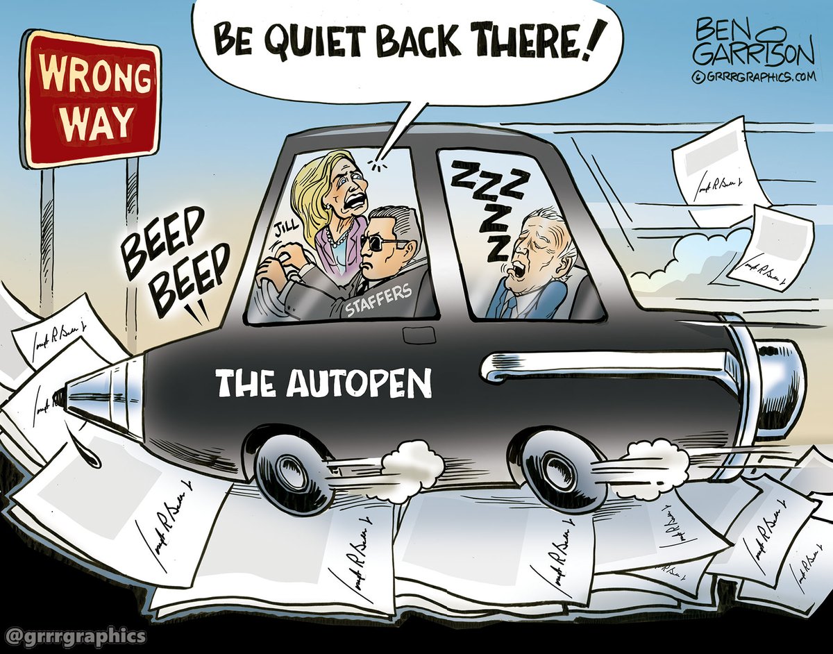 GrrrGraphics's tweet image. The Autopen scandal is not going away! 
New Ben Garrison Cartoon

Joe Biden wasn’t just asleep at the wheel during his term, he wasn’t even at the wheel. He was so incapacitated that he was reduced to a mere figurehead who spent most of his time at his beach house or on vacation.