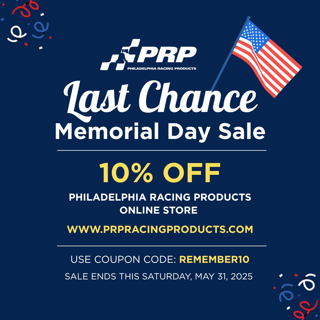 prpracing's tweet image. While Memorial Day has passed, you can still get 10% off all products on the Philadelphia Racing Products (PRP) Online Store. Sale ends this Saturday, May 31.

Use code: REMEMBER10
Shop now → prpracingproducts.com

#AmericanMade #RacingParts