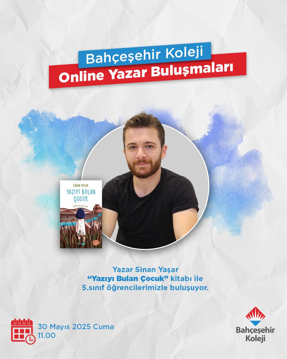 5.sınıf öğrencilerimiz“Yazıyı Bulan Çocuk“adlı kitabımız kapsamında çevrim içi gerçekleşecek söyleşide Yazar Sinan YAŞAR  ile buluşacak.
⏳️ 30.05.2025 Cuma
🕚 11.00
<a href="/bahcesehir_k12/">Bahçeşehir Koleji</a> <a href="/ugurludural/">TÜLAY UĞURLUDURAL</a> <a href="/ucannmustafa/">Mustafa UÇAN (Tarih Öğrt)</a> <a href="/fuatcicek15/">Fuat Çiçek</a> <a href="/aysun_taskapan/">aysun taşkapan</a> <a href="/ftmgms80/">gümüş</a>