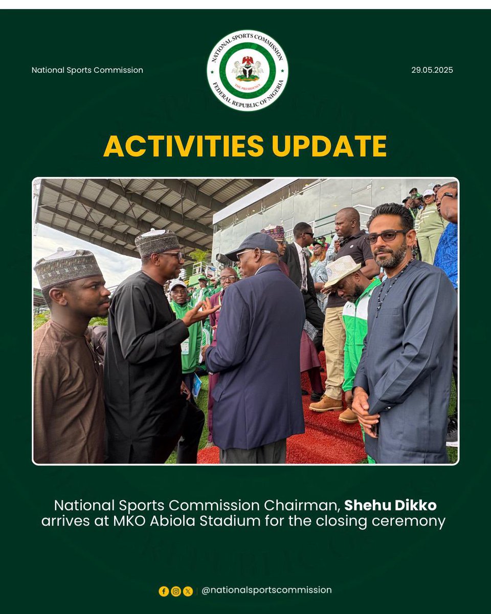 Better Kaduna🌆 (@better_kaduna) on Twitter photo <a href="/NatSportsComm/">National Sports Commission</a> Chairman, <a href="/ShehuDikko/">Shehu Dikko</a> arrives for the closing ceremony of the 2024 Gateway Games happening in Aboekuta, Ogun State
<a href="/Letter_to_Jack/">Man of Letters.</a> <a href="/woye1/">Woye</a>
#NSC #NationalSportsFestival <a href="/NatSportsComm/">National Sports Commission</a> Chairman, <a href="/ShehuDikko/">Shehu Dikko</a> arrives for the closing ceremony of the 2024 Gateway Games happening in Aboekuta, Ogun State
<a href="/Letter_to_Jack/">Man of Letters.</a> <a href="/woye1/">Woye</a>
#NSC #NationalSportsFestival
