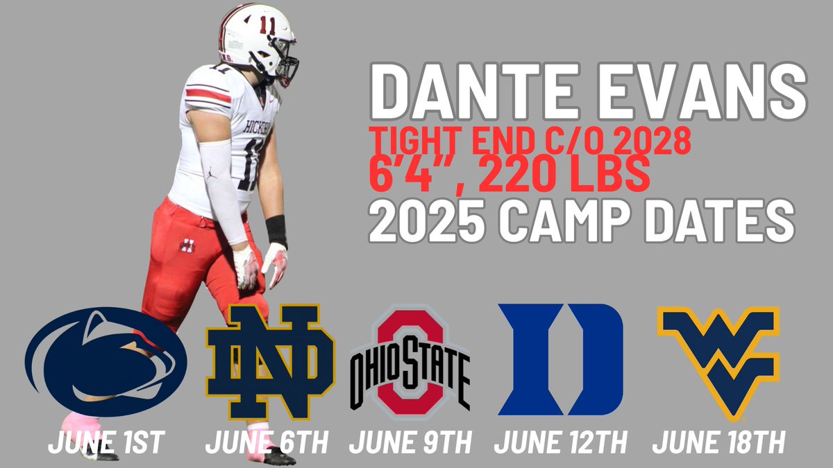 Dante Evans (@danteevans2028) on Twitter photo These are my scheduled camps for the summer. <a href="/CoachLustig/">Justin Lustig</a> <a href="/CoachTerryPSU/">Terry M. Smith</a> <a href="/CoachTHowle/">Ty Howle</a> <a href="/_CoachCod/">Jevaughn “Jcod” Codlin 🐢</a> <a href="/MikeDenbrock/">Mike Denbrock</a> <a href="/CoachKee/">Keenan Bailey</a> <a href="/DukeFOOTBALL/">Duke Football</a> <a href="/NYSEandeasy/">Michael Nysewander</a> These are my scheduled camps for the summer. <a href="/CoachLustig/">Justin Lustig</a> <a href="/CoachTerryPSU/">Terry M. Smith</a> <a href="/CoachTHowle/">Ty Howle</a> <a href="/_CoachCod/">Jevaughn “Jcod” Codlin 🐢</a> <a href="/MikeDenbrock/">Mike Denbrock</a> <a href="/CoachKee/">Keenan Bailey</a> <a href="/DukeFOOTBALL/">Duke Football</a> <a href="/NYSEandeasy/">Michael Nysewander</a>