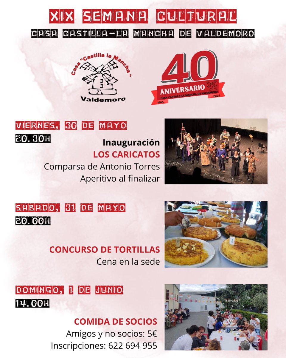 La Casa de Castilla-La Mancha de Valdemoro celebra su XIX Semana Cultural del 30 de mayo al 1 de junio con una programación que incluye actividades gastronómica y una actuación musical. ow.ly/HWL550VZ7vx