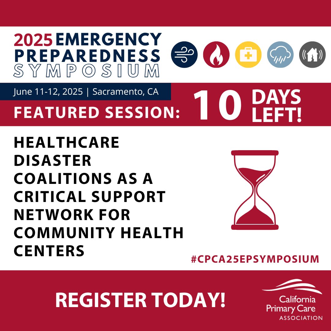 California Primary Care Association (@cpca) on Twitter photo Only 10 days left to register for the #CPCA25EPSymposium! 💡 Don’t miss Candy Alvarez, CA-EM, on how CHCs can lead in emergency preparedness through disaster coalitions, funding access & more. Secure your spot now 👉 ow.ly/X9CJ50W0uTq Only 10 days left to register for the #CPCA25EPSymposium! 💡 Don’t miss Candy Alvarez, CA-EM, on how CHCs can lead in emergency preparedness through disaster coalitions, funding access & more. Secure your spot now 👉 ow.ly/X9CJ50W0uTq