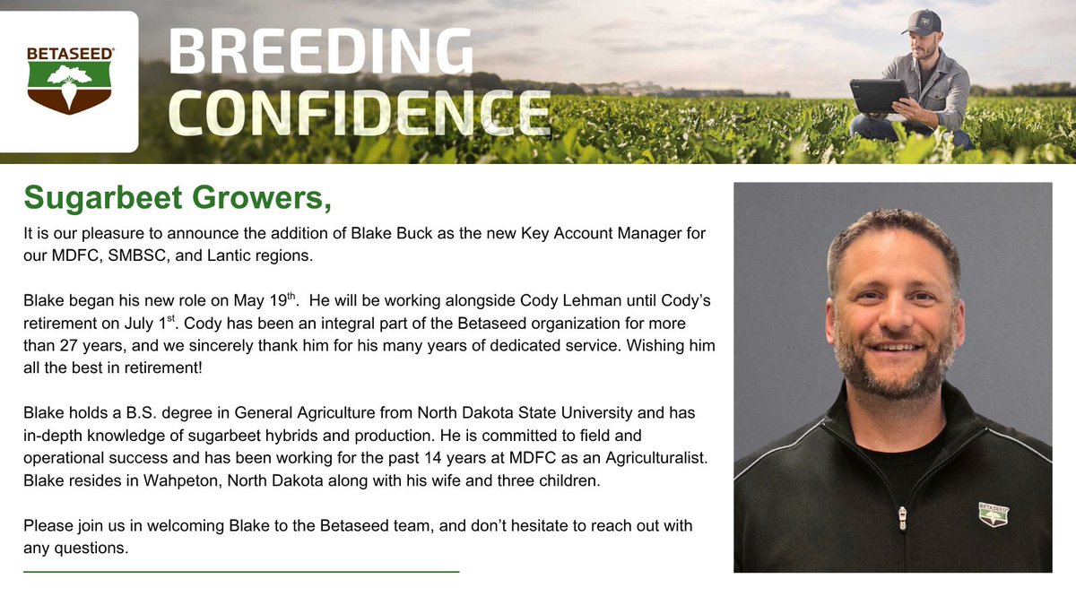 🎉Please join us in welcoming Blake Buck to the #Betaseed team as the new key accounts manager for our Southern Minnesota, Minn-Dak, and Lantic regions! Blake will be working alongside current accounts manager, Cody Lehman, until his retirement on July 1st.