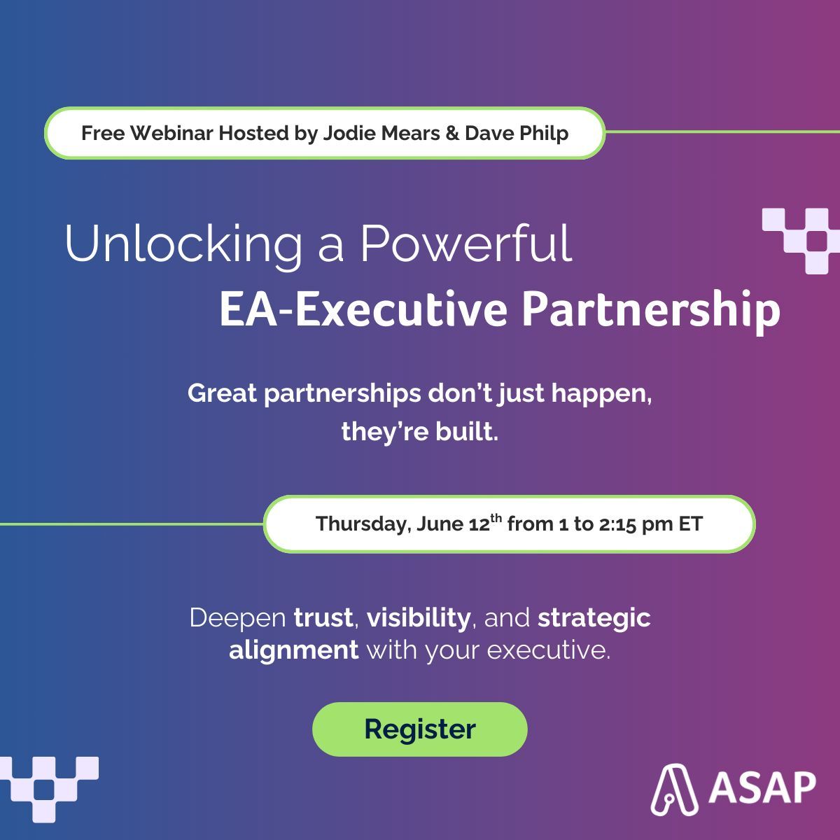 Join us on June 12th for a FREE webinar, “Unlocking a Powerful EA-Executive Partnership." Designed for EAs supporting senior leaders, don’t miss this opportunity to strengthen communication, visibility, &amp; strategic alignment with your exec. Register: buff.ly/HlxvQw0