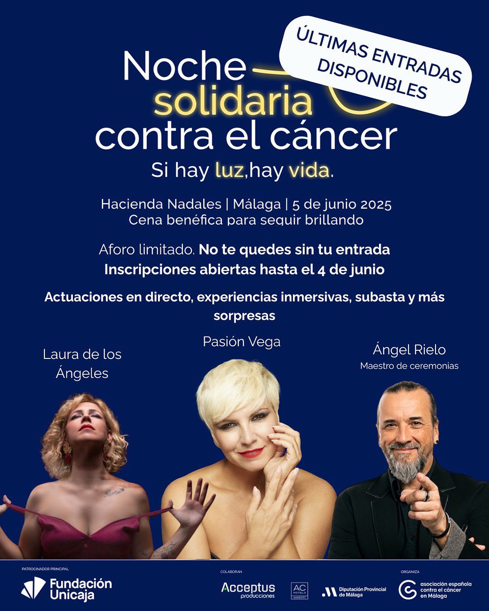 ÚLTIMAS ENTRADAS 🎫 PARA UNA GRAN GALA ⭐️

La cena benéfica ayudará a recaudar fondos para apoyar y acompañar a las personas con #cáncer y sus familiares y financiar proyectos de investigación.

🎟️ Entradas y más info👇🏻
      900 100 036

#NocheSolidaria #ContraElCáncer