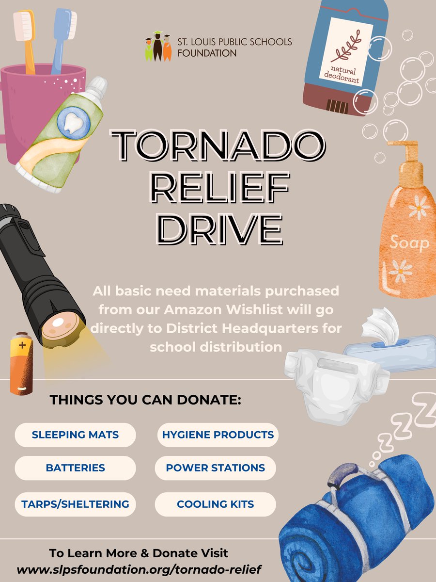 StlEdFund's tweet image. Join us in supporting the District as they continue to recover and rebuild from the 5/16 tornado by donating basic need materials through our Amazon Wishlist at a.co/4HZVm5U.

To learn more about our relief efforts, visit slpsfoundation.org/tornado-relief