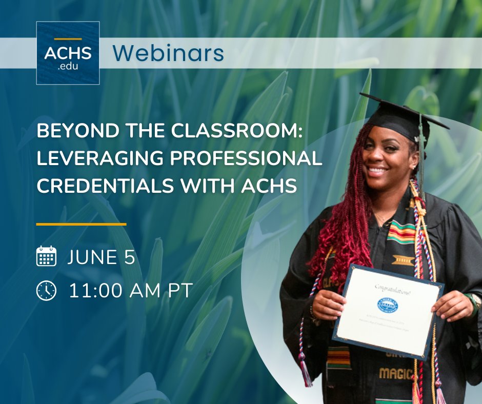 💻 Join us June 5 at 11 AM PT for the webinar "Beyond the Classroom: Leveraging Professional Credentials with ACHS." Learn how our integrative health programs align with top industry certifications. 🌿
➡️ Register: hubs.li/Q03pLbMp0
#HolisticHealth #CareerPathways