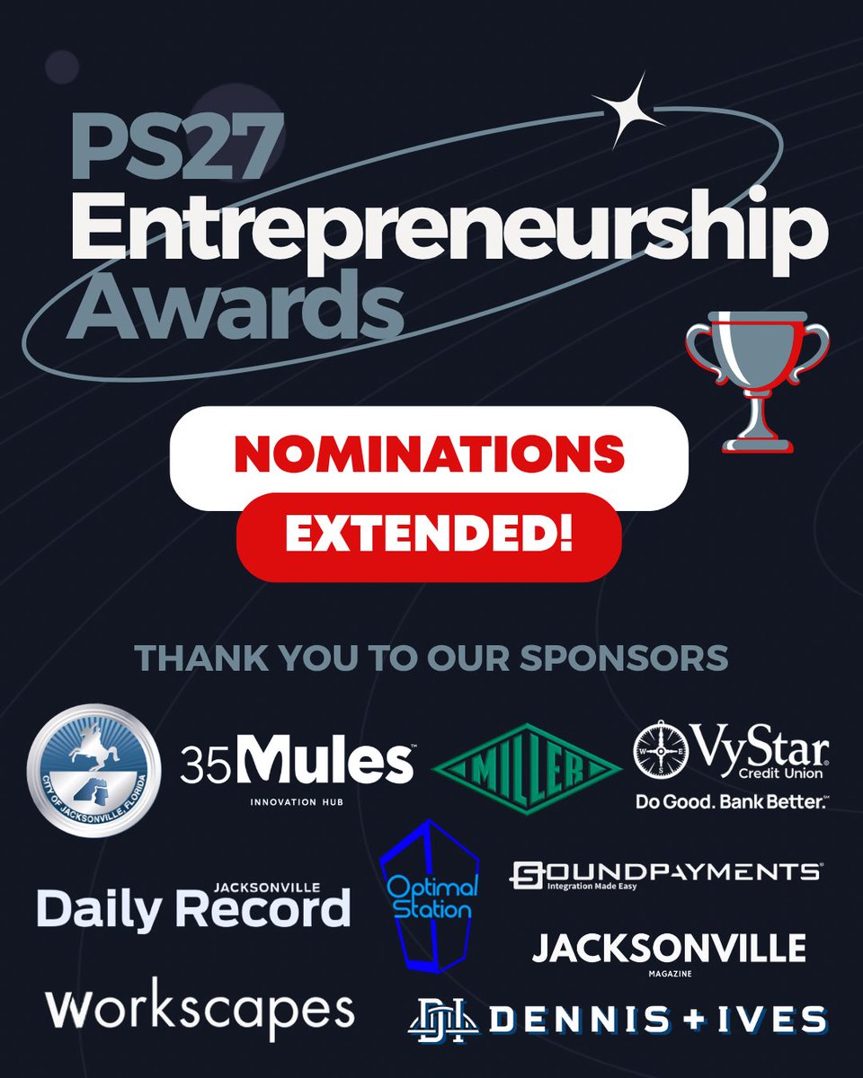 We recently experienced a surge in new nominations. Thanks to our generous sponsors, we are extending the nomination deadline to June 18th, 2025! Nominate a leader - ps27foundation.org 🪐#EntrepreneurshipAwards