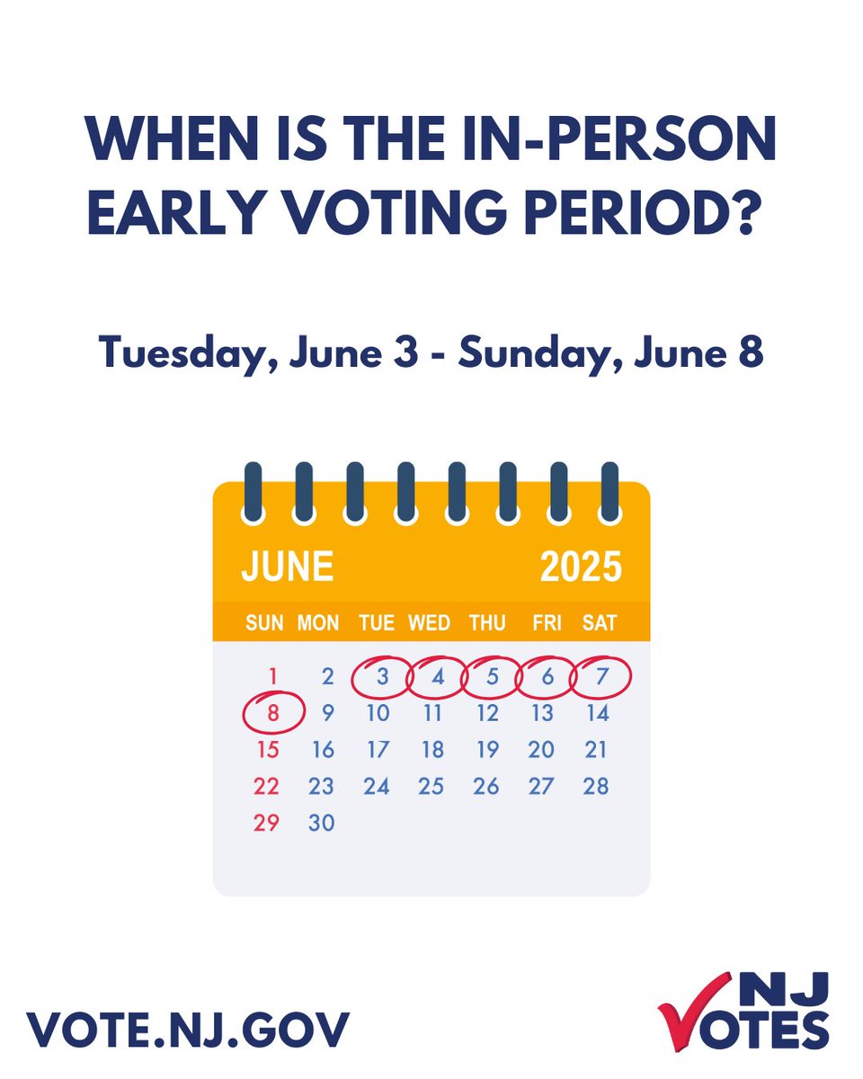 NJ_Votes's tweet image. Planning on voting early in the 2025 Primary Election? The in-person Early Voting Period is Tuesday, June 3 – Sunday, June 8. Everything you need to know about voting early is in this guide! Have more questions? Visit Vote.NJ.Gov. #NJVotes