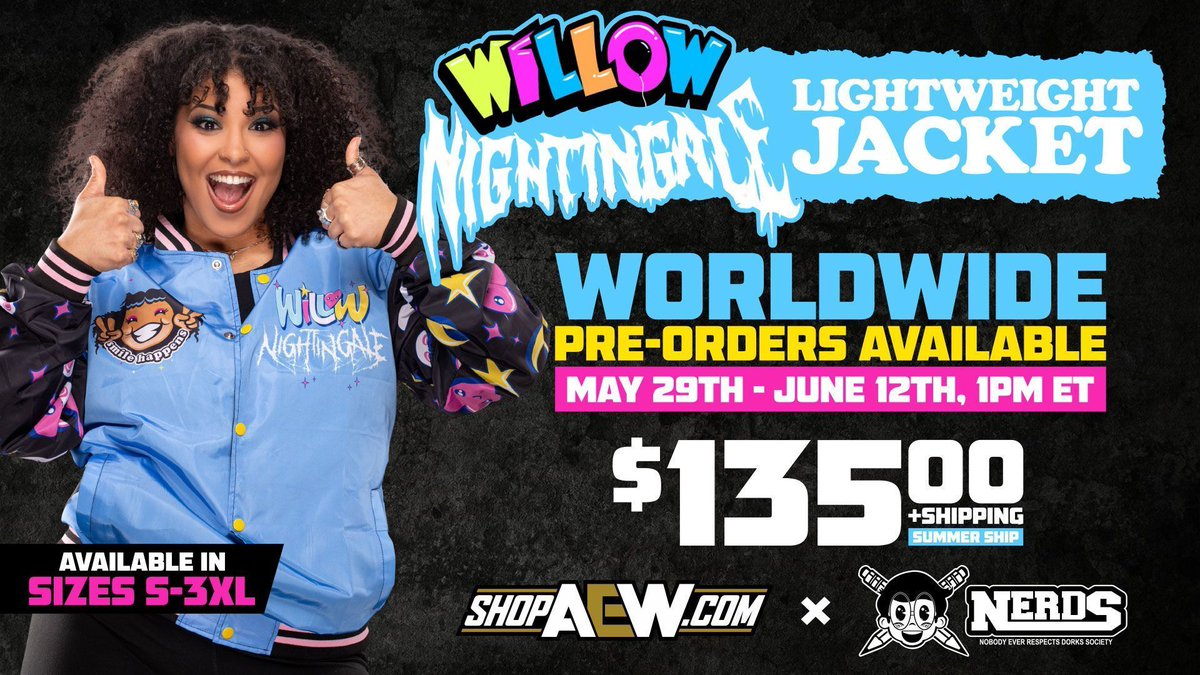 ShopAEW's tweet photo. Worldwide pre-orders for Willow Nightingale’s @willowwrestles lightweight jacket starts NOW! You only have until June 12th to pre-order yours at https://t.co/9hHlXpcSbp!

https://t.co/AaHl8Xq2uC https://t.co/1vjED92xPF