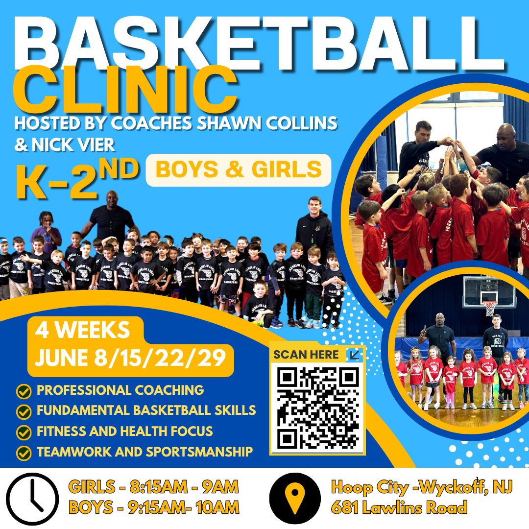 🚨K-2nd Boys &amp; Girls Basketball Clinics🚨 4 Sunday mornings in June. Join us for an introductory clinic with a focus on ✅FUNDAMENTAL ✅ TEAMWORK/SPORTSMANSHIP ✅ HEALTH &amp; FITNESS ✅FUN! Space is limited, register today using the QR Code on the flyer. 🏀⛹️‍♂️⛹🏼‍♀️