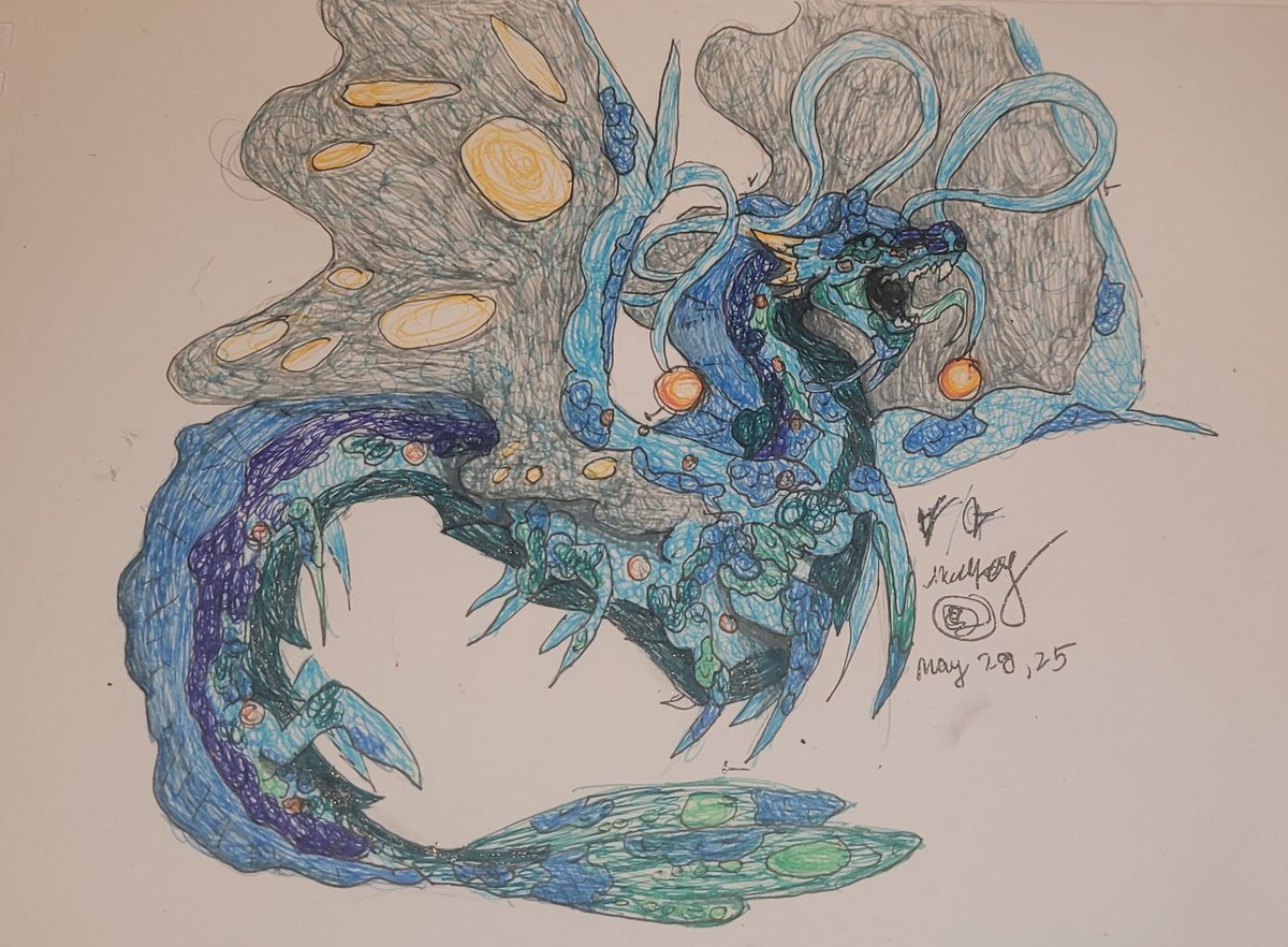 Art of some dragon hybrid 

I let my hand go and this is what happen ! 

Took like over 4 hours 

#dragon #drawing #pen #artwork #art #animal #creature #sea #seadragon