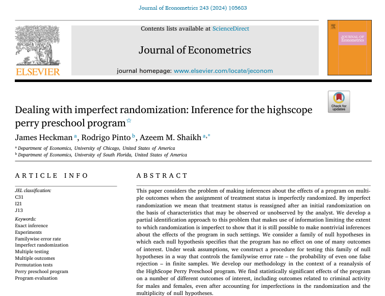 usfecon's tweet photo. Check out the latest article by Prof. Rodrigo Pinto and co-authors. Perry Preschool's big long-term benefits hold up—even with imperfect randomization. Method matters, impact remains.
https://t.co/uxIHn0Gyy0 https://t.co/7sFL0aIpp8