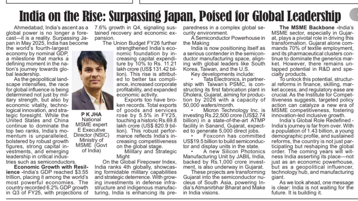 JhaPK01's tweet photo. India on the Rise:surpassing japan ,Poised for Global Leadership
By P. K. Jha, MSME Expert
India’s ascent as a global power is no longer a forecast—Surpassing Japan 
As we look ahead, one message is clear: India is not waiting for the future. It is building it. https://t.co/aTwXsOOU0d