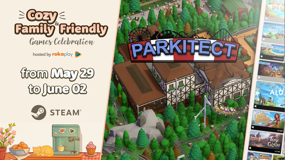 Parkitect joins the ☕Cozy &amp; Family Friendly Games Celebration 2025 starting today! 😍

The <a href="/cozycelebration/">☕ Cozy Games Celebration</a> runs from May 29 to June 2, with Parkitect and its DLCs 50%/33% off until June 5!

store.steampowered.com/app/453090/Par…