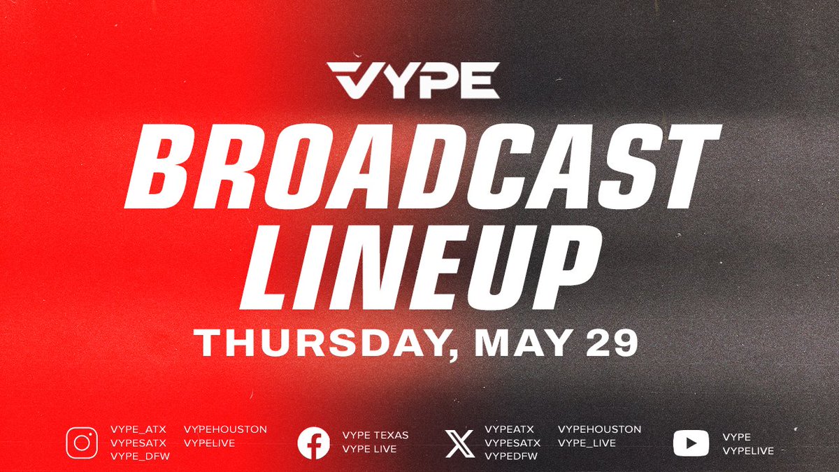 VYPE Live (@vype_live) on Twitter photo Check out our broadcast lineup LIVE on <a href="/VypeATX/">VYPE Austin</a> <a href="/vypehouston/">VYPE Houston</a> <a href="/NFHSNetwork/">NFHS Network</a> #txhsbb ⚾️📺🎙️
WATCH: vype.com/vype-live-line… Check out our broadcast lineup LIVE on <a href="/VypeATX/">VYPE Austin</a> <a href="/vypehouston/">VYPE Houston</a> <a href="/NFHSNetwork/">NFHS Network</a> #txhsbb ⚾️📺🎙️
WATCH: vype.com/vype-live-line…