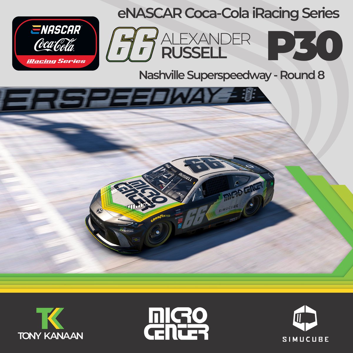 Kanaan eSports (@kanaanesports) on Twitter photo Round 8 - Nashville Superspeedway β
ποΈ #11 <a href="/vicente_salas14/">Vicente Salas</a> - P5
ποΈ #66 <a href="/Captincanada5/">Alexander Russell</a> - P30
<a href="/iRacing/">iRacing</a> <a href="/microcenter/">Micro Center</a> <a href="/Simucube/">SIMUCUBE</a> <a href="/TonyKanaan/">Tony Kanaan</a> <a href="/ENASCARGG/">ENASCAR</a> Round 8 - Nashville Superspeedway β
ποΈ #11 <a href="/vicente_salas14/">Vicente Salas</a> - P5
ποΈ #66 <a href="/Captincanada5/">Alexander Russell</a> - P30
<a href="/iRacing/">iRacing</a> <a href="/microcenter/">Micro Center</a> <a href="/Simucube/">SIMUCUBE</a> <a href="/TonyKanaan/">Tony Kanaan</a> <a href="/ENASCARGG/">ENASCAR</a>