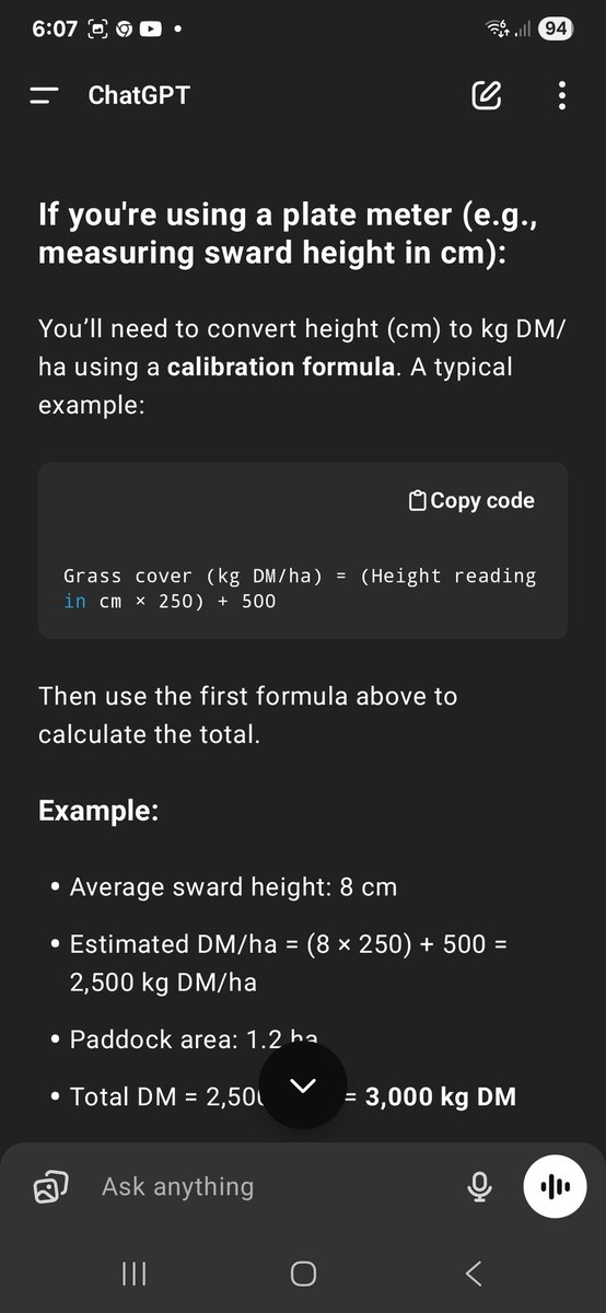 Downloaded AI assisant ,ChatGPT , typed in how to calculate kgs of Dm in a paddock for the craic 

. Don't think i have ever got a more detailed and informative answer 🙂 

Could be a farmers new best friend 😜🙂