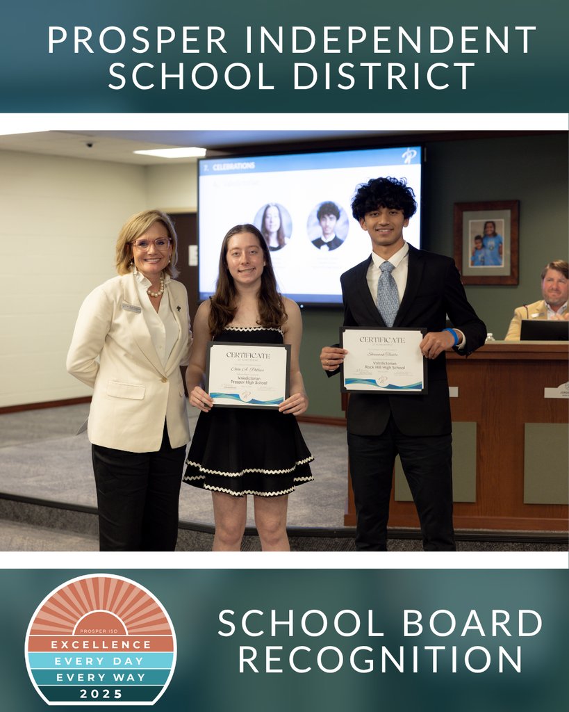 🎓📚 Valedictorians and salutatorians were honored at last month’s board meeting for their excellence in academics, leadership, and character! While two valedictorians couldn’t attend, we proudly recognize Chloe Phillips and Shaunak Thatte! 🌟🙌 #ProsperProud