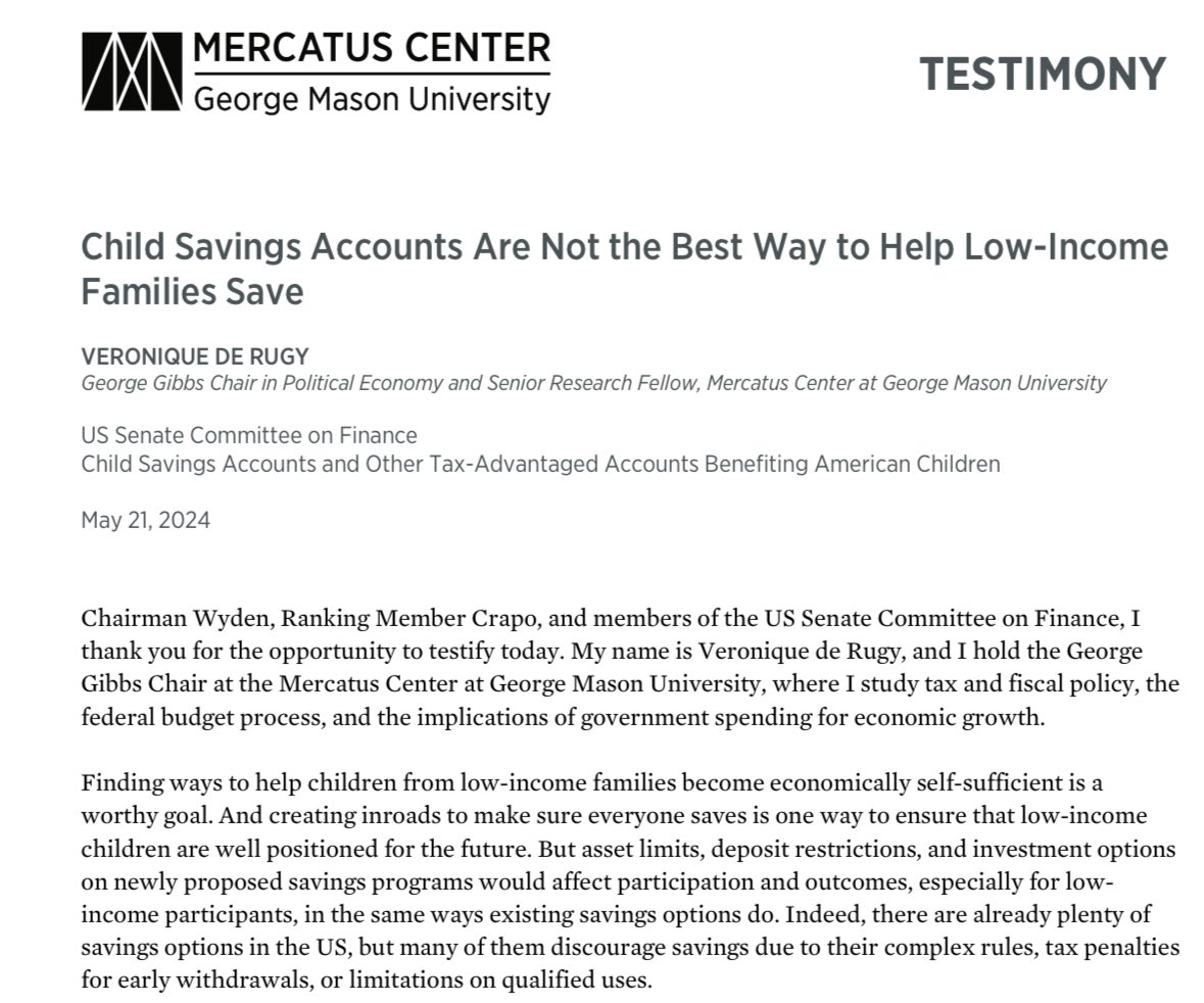 Adam Michel (@adamnmichel) on Twitter photo Trump Accounts are basically a rebranded version of Democratās 401Kids proposal.
Last year <a href="/SenateFinance/">Senate Finance Cmte</a> Republicans invited <a href="/veroderugy/">Veronique de Rugy</a> and me to testify on why government-subsidized kidsā savings accounts like 401Kids are a bad idea. Trump Accounts are basically a rebranded version of Democratās 401Kids proposal.
Last year <a href="/SenateFinance/">Senate Finance Cmte</a> Republicans invited <a href="/veroderugy/">Veronique de Rugy</a> and me to testify on why government-subsidized kidsā savings accounts like 401Kids are a bad idea.