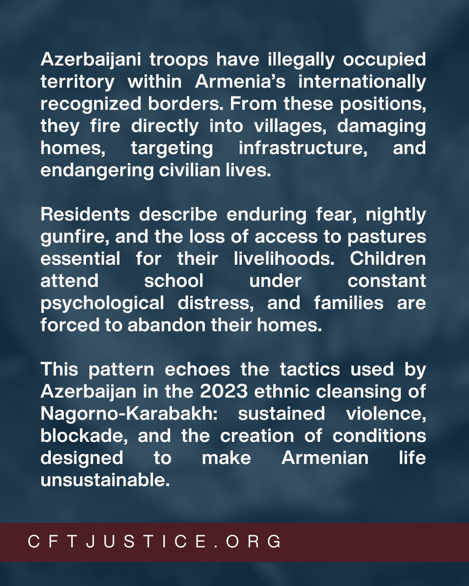 CFTJustice's tweet image. CFTJ’s latest report documents Azerbaijan’s continued military aggression against civilians in Armenia’s Syunik Province. These attacks reflect a broader campaign of violence aimed at displacing Armenians from their sovereign territory.
We call on the international community to…