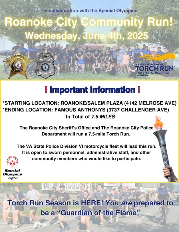 Join local law enforcement for our torch run in honor of Special Olympics VA.