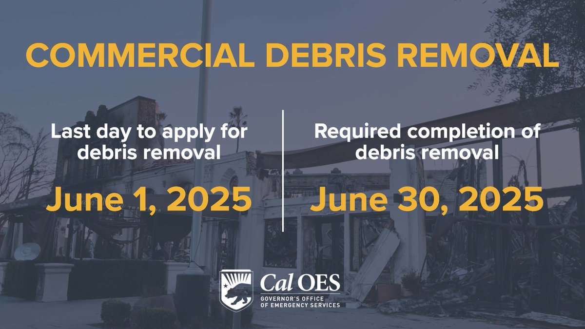 Important Deadline Alert 🚨 

If your commercial property was affected by the #Palisades or #Eaton fires, key deadlines are approaching for debris removal. 

Get guidance and updates at 👉 recovery.lacounty.gov Questions? Call the
@lacopublicworks hotline at 888-479-7328