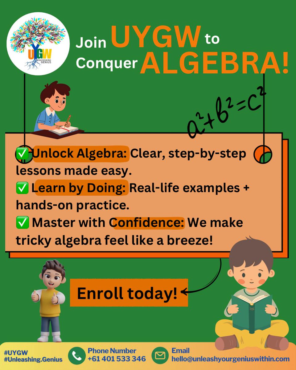uygw123's tweet image. With UYGW make algebra not just understandable — but empowering! Join UYGW and conquer it!
Book your free class today, Feel free to contact us at +61 401 533 346
#algebratips #mathmadeeasy #simplifymath #studysmart #mathskills #algebrarules #mathhelp #uygw