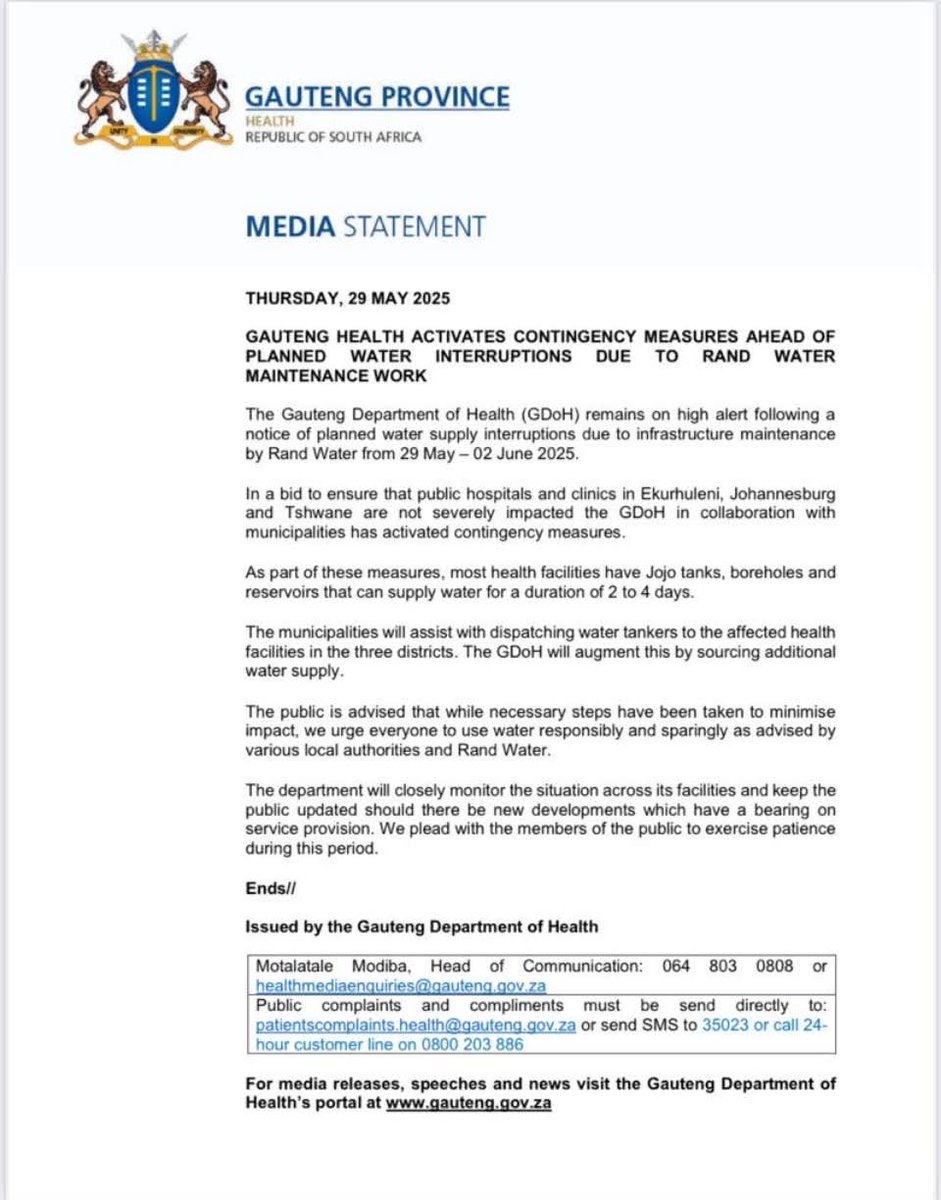 MEDIA STATEMENT|| Gauteng Health activates contingency measures ahead of planned water interruptions