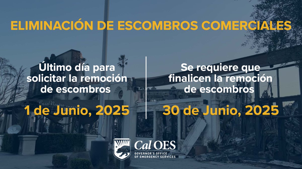 Alerta sobre fechas límite importantes 🚨 

Si tu propiedad comercial fue afectada por los incendios #Palisades y #Eaton, considera que se avecinan fechas límite claves para el retiro de escombros. 

Obtén más información en 👉
recovery.lacounty.gov Si tiene preguntas,