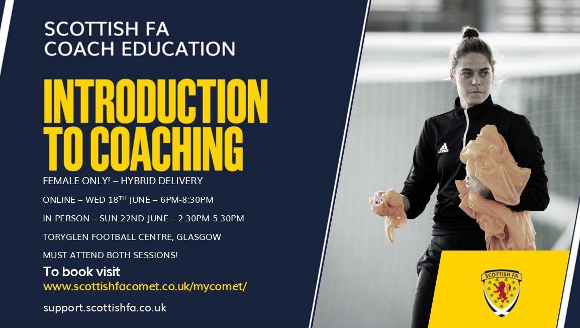 Greig Paterson (@grpat) on Twitter photo 🚨 FEMALE-ONLY COACHING COURSE
Keen to get started in coaching? This is your chance!
📍 Scottish FA: Intro to Coaching
📅 Online: Wed 18 June (6–8:30pm)
📅 In-person: Sun 22 June (2:30–5:30pm)
📌 <a href="/ToryglenRegFC/">Toryglen Reg FC</a>
✅ Must attend both sessions
🔗 Book now: scottishfacomet.co.uk/mycomet/ 🚨 FEMALE-ONLY COACHING COURSE
Keen to get started in coaching? This is your chance!
📍 Scottish FA: Intro to Coaching
📅 Online: Wed 18 June (6–8:30pm)
📅 In-person: Sun 22 June (2:30–5:30pm)
📌 <a href="/ToryglenRegFC/">Toryglen Reg FC</a>
✅ Must attend both sessions
🔗 Book now: scottishfacomet.co.uk/mycomet/