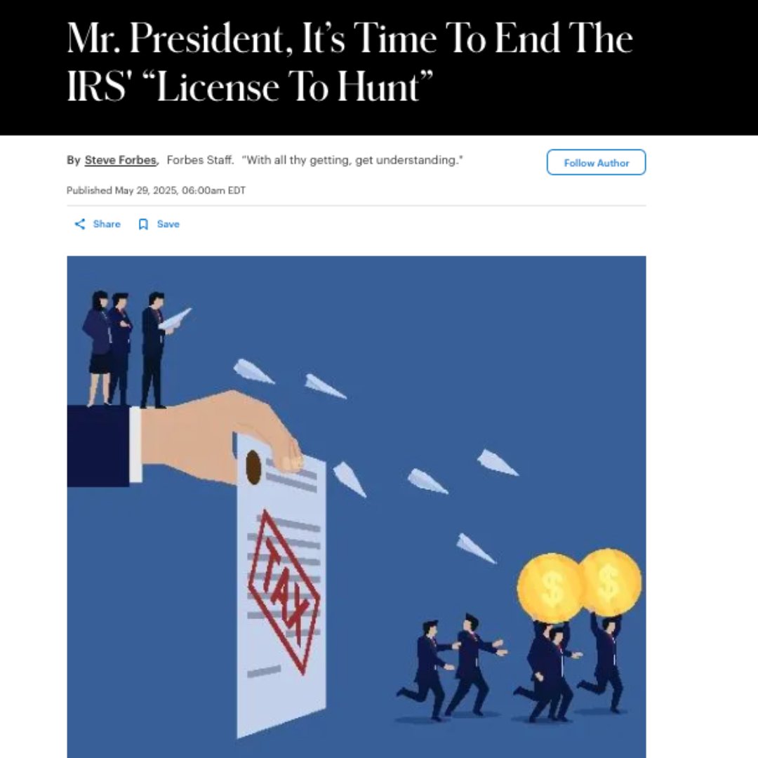 Steve Forbes (@steveforbesceo) on Twitter photo The Internal Revenue Service is being used to shakedown the very backbone of the American economy: small and family-owned businesses.
New from me: Mr. President, It’s Time To End The IRS' “License To Hunt”! <a href="/realDonaldTrump/">Donald J. Trump</a> <a href="/larry_kudlow/">Larry Kudlow</a>
forbes.com/sites/stevefor… The Internal Revenue Service is being used to shakedown the very backbone of the American economy: small and family-owned businesses.
New from me: Mr. President, It’s Time To End The IRS' “License To Hunt”! <a href="/realDonaldTrump/">Donald J. Trump</a> <a href="/larry_kudlow/">Larry Kudlow</a>
forbes.com/sites/stevefor…
