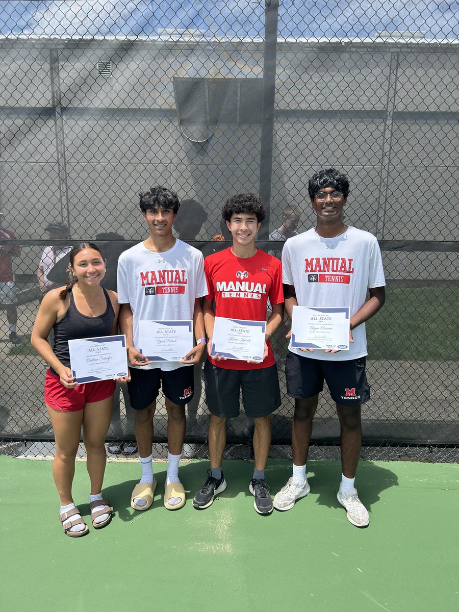 ManualAthletics's tweet image. Congratulations to Manual’s All-State Tennis selections - Audrina Schaefer, Yash Pathak, Keanu Kawata, and Aryan Arusam.