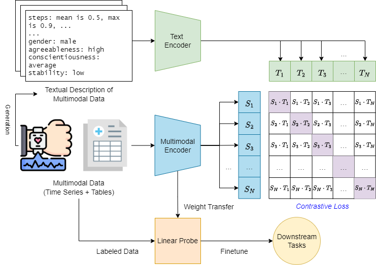 CHILconference's tweet image. New at CHIL! Authors propose a contrastive pretraining method for stress detection using multimodal data (wearables + surveys). Our CLIP-style framework boosts performance under limited labels on LifeSnaps &amp;amp; PMData.
@YangZeyu9 @AkaneSano_ @RiceECE 
#CHIL2025papers
