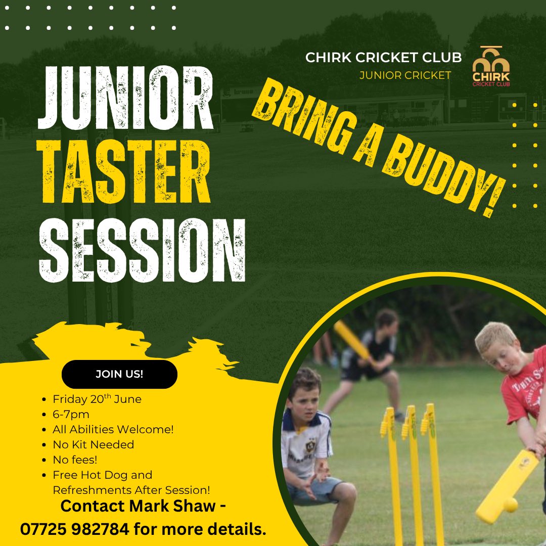 Chirk CC Junior Taster &amp; Bring a Buddy Evening - Friday 20th June 🏏 

Come on down to Chirk Cricket Club for a sure-to-be fun evening for our junior section! Bring a buddy along to the session! Newcomers welcome!

Come on down and see what we can offer!