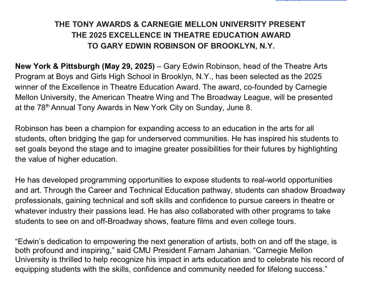 THRILLED to have been part of the special committee that helped select this teacher for a special TONY Award for Excellence in Theatre Education! 

THE FIRST TEACHER FROM NY TO RECEIVE THIS HONOR! And from my hometown of Brooklyn, NY! 👏🏽👏🏽