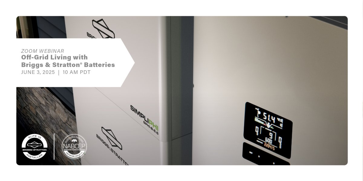 📅 ✅⚡ June 3rd from 10 - 11 AM PDT: Off-Grid Living with Briggs &amp; Stratton® Batteries

Sign-up today: ow.ly/OmAi50W0gLt
Most residential solar arrays stop working during utility outages, but adding battery backup can keep them running. Learn more at this free webinar.