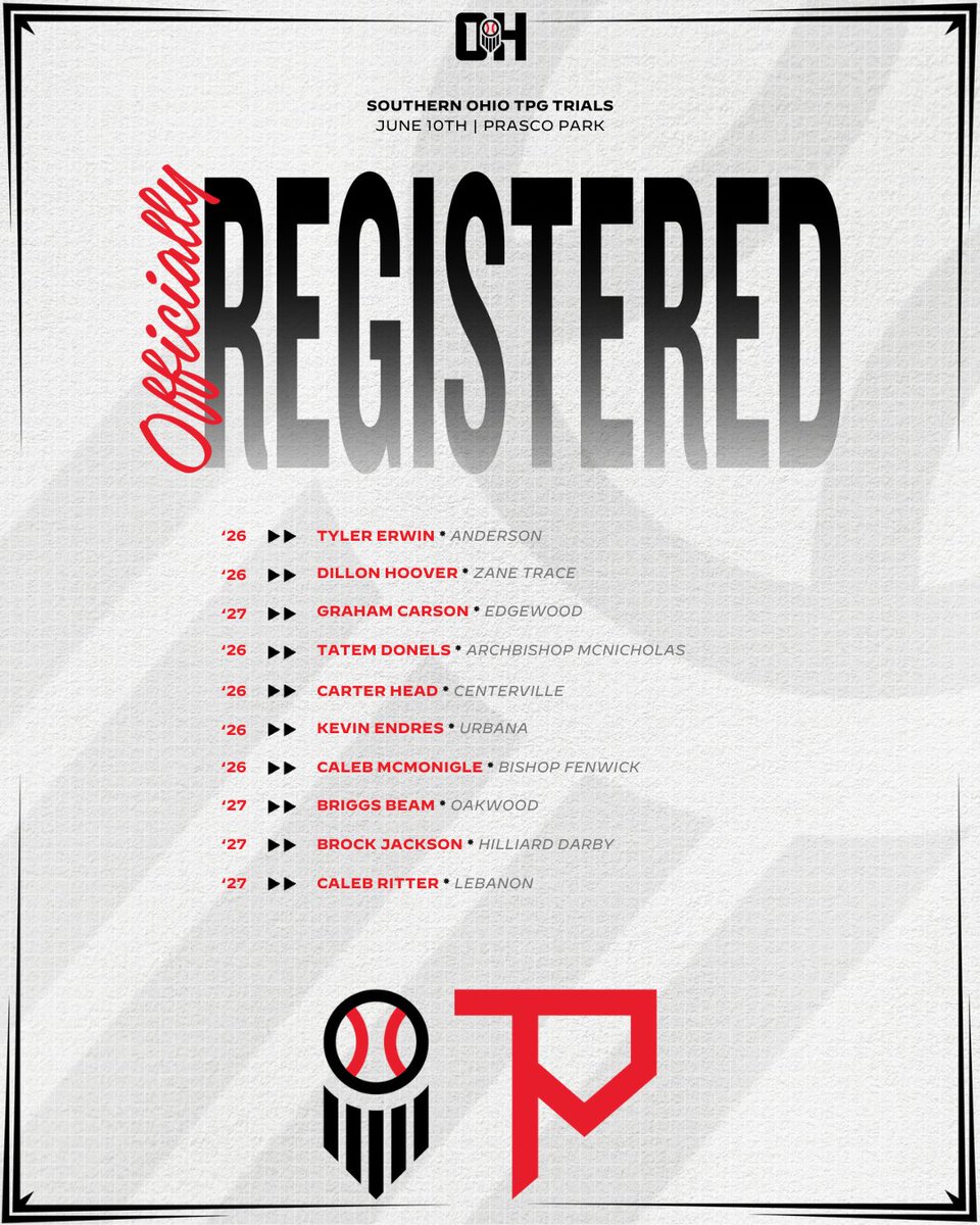 𝐒𝐨𝐮𝐭𝐡𝐞𝐫𝐧 𝐎𝐡𝐢𝐨 𝐓𝐏𝐆 𝐓𝐫𝐢𝐚𝐥𝐬

🗓️ June 10th
🏟️ Prasco Park
👤 Class Of 2026-2028 Grads  

Secure your spot 👉 loom.ly/WQ1BV-s

Welcome to the following players ⬇️
<a href="/TylerErwin_8/">Tyler Erwin</a> <a href="/Grahamcars2027/">Graham Carson</a> <a href="/DonelsTatem/">Tatem Donels</a> <a href="/kevinendres400/">Kevin Endres</a> <a href="/BeamBriggs/">Briggs Beam</a> <a href="/critter0611/">Caleb Ritter 2027</a>