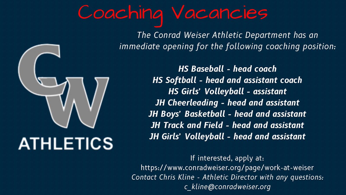 CWAthletics (@cwscoutssports) on Twitter photo <a href="/conradweiserasd/">Conrad Weiser Area School District</a> has the following athletic coaching openings. <a href="/conradweiserhs/">Conrad Weiser High School</a> <a href="/weiserms/">Conrad Weiser MS</a> <a href="/conradweiserasd/">Conrad Weiser Area School District</a> has the following athletic coaching openings. <a href="/conradweiserhs/">Conrad Weiser High School</a> <a href="/weiserms/">Conrad Weiser MS</a>