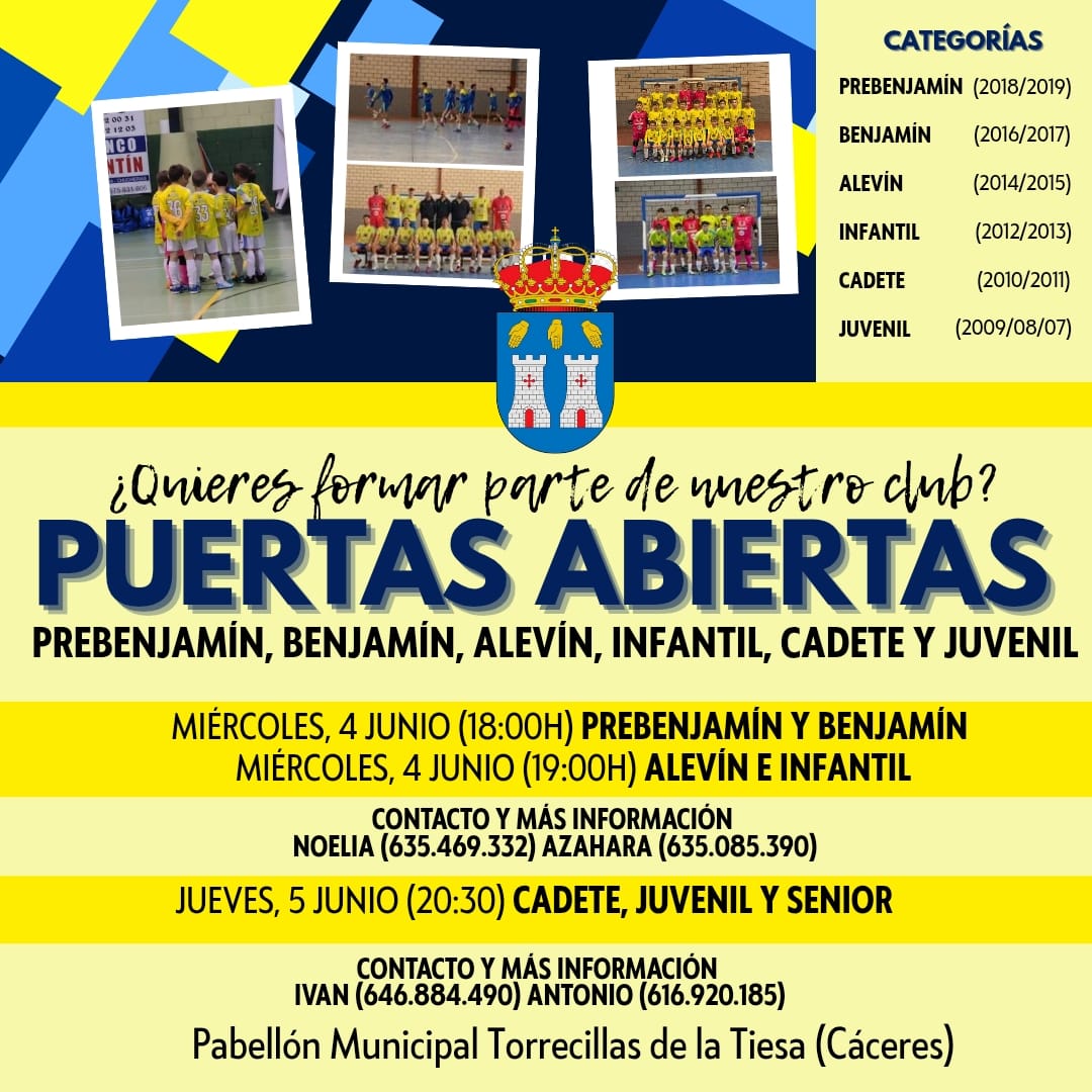 🌟 𝙋𝙐𝙀𝙍𝙏𝘼𝙎 𝘼𝘽𝙄𝙀𝙍𝙏𝘼𝙎  🌟

💙💛 Temporada 2️⃣5️⃣/2️⃣6️⃣

¡Únete a nuestra familia!

⚽ La AD Torrecillas te invita a participar en sus jornadas de captación de jugadores para la próxima temporada.

🏟️ Pabellón Municipal de Torrecillas de la Tiesa.

#SomosTorrecillas 💛💙